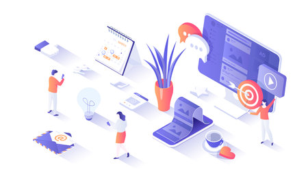 Social Media Content. Marketing strategy to attract users attention. Viral Marketing and Social Media Sharing. Isometry illustration with people scene for web graphic.のイラスト素材