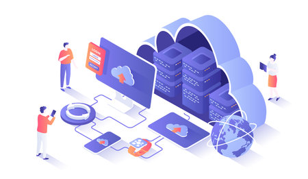 Cloud Technology. Big data processing center, cloud database, connecting information, storage, hosting. Isometry illustration with people scene for web graphic.のイラスト素材
