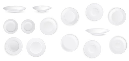 Vector set of empty white ceramic plates, round dishes realistic mockupのイラスト素材
