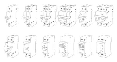Vector set of line art switchboard elements for fuse control box - safety circuit breaker, relay, residual current circuit breaker. Perspective viewのイラスト素材