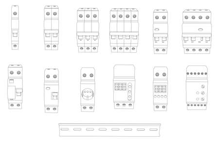 Vector set of outline switchboard elements for fuse control box - safety circuit breaker, relay, residual current circuit breaker. Front viewのイラスト素材