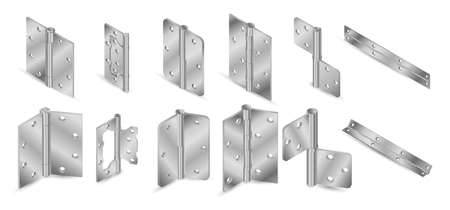 Vector set of all the types of steel butt door hinges, realistic illustrationのイラスト素材