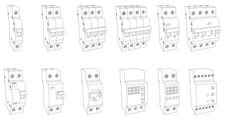 Vector set of line art switchboard elements for fuse control box - safety circuit breaker, relay, residual current circuit breaker. Perspective viewのイラスト素材