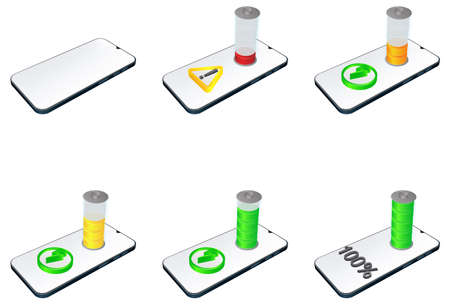 Vector set of mobile phone battery charge indicator. Discharged and fully charged iconsのイラスト素材