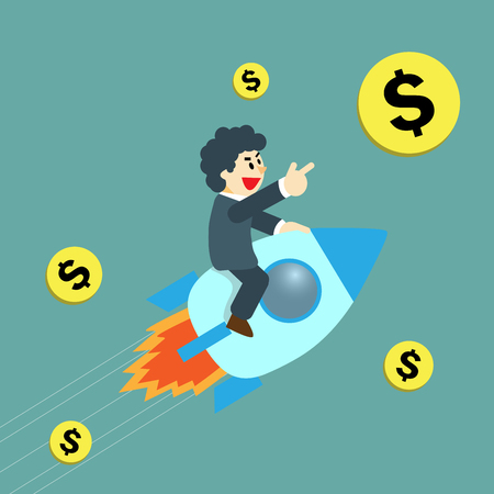 Businessman flying on rocket success in work and richのイラスト素材