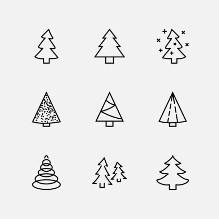 Christmas Tree thin line icon set. Stylized linear icons of artificial snow, spruce, present box fir. Editable Stroke. 32x32 Pixel Perfectのイラスト素材