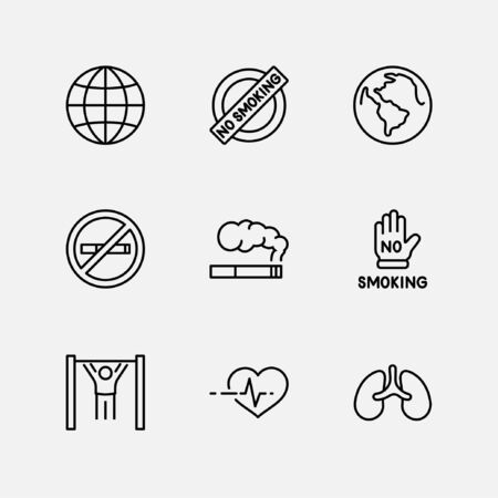 International No Tobacco Day Set Line Vector Icons. Contains such Icons as Lungs, Cigars, Cigarettes, Smoking, Globe, smoking Cessation and more. Editable Stroke 32x32 Pixelsのイラスト素材