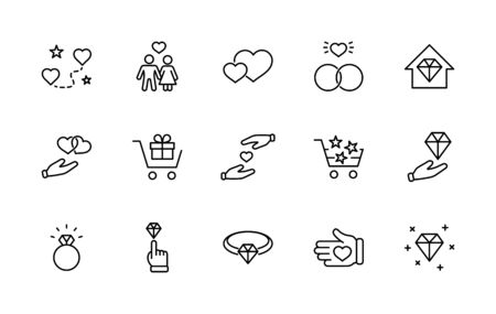 International Jeweler Day Set Line Vector Icons. Contains such Icons as Love, Heart, Hand, Family, Wedding Rings, Diamond, Jewelry store, Gift, Basket and more. Editable Stroke.のイラスト素材