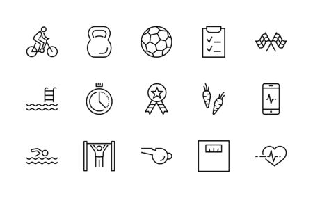 Set of Fitness Vector Line Icons. Contains such Icons as Cycling, Kettlebell Sport, Soccer Ball, Heartbeat, Workout, Stopwatch, Timer, Diet Plan, Sport Nutrition and more. Editable Stroke.のイラスト素材