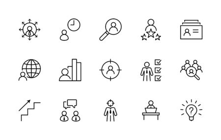 Set of Head Hunting Related Vector Line Icons. Contains such Icons as Career growth, Bulb, Candidate, Search, CV, Card Index, Outsource and more. Editable Stroke.のイラスト素材