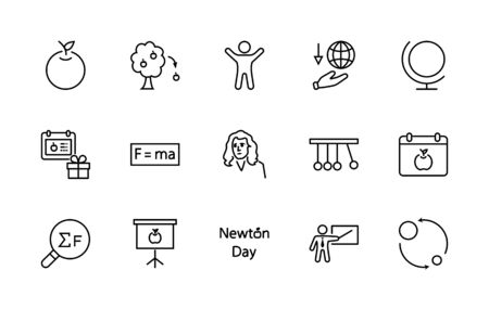 Newton's Day Set Line Vector Icon. Contains such Icons as Newton, Laws of physics and gravity, Flying Apple, Calendar, Teacher, blackboard and projector Editable Stroke.のイラスト素材