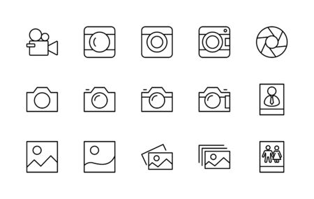 Set of Cameras and photo, vector line icons. Contains symbols of portraits and family photos and much more. Editable Stroke.のイラスト素材