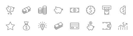Set of Money Related Vector Line Icons. Contains such Icons as Money Bag, Piggy Bank in the form of a Pig, Wallet, ATM, Bundle of Money, Hand with a Coin and more. Editable Stroke. 32x32 Pixelsのイラスト素材