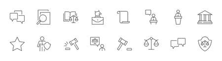 Set of Law and justice Vector Line Icons. Contains such Icons as weapon, arrest, authority, courthouse, gavel, legal, weapon and more. Editable stroke. 32x32 Pixels.のイラスト素材