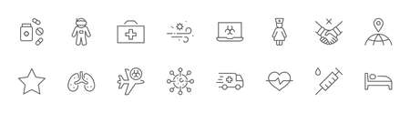 Set of Coronavirus Protection Vector Line Icon. Contains such Icons as Ambulance, Novel CoronaVirus, Protective Measures, Symptoms, Incubation Period and more. 32x32 Pixels. Editable Stroke.のイラスト素材
