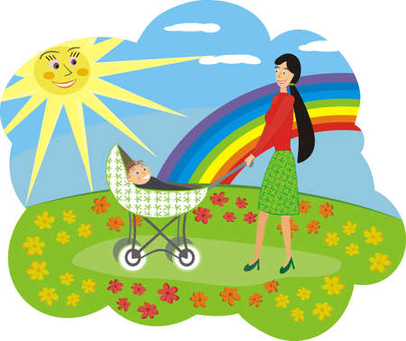 Happy mum with the child walks on a flower gladeのイラスト素材