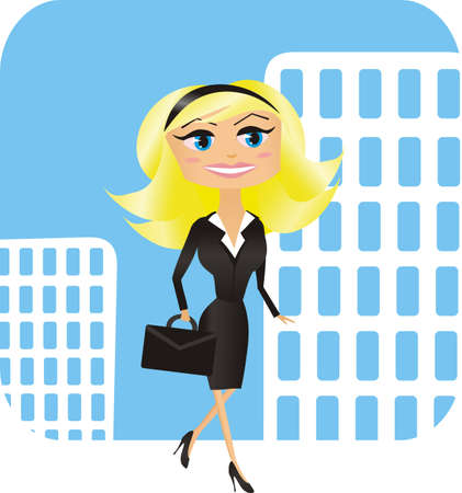 Illustration of the businesswoman on a blue background with high housesのイラスト素材