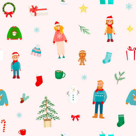 Holiday seamless pattern with cartoon family, snowman, clothes and fir tree. Background for wrapping paper, textile, fabric.のイラスト素材