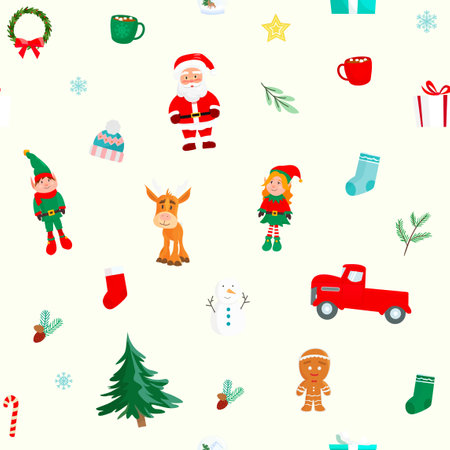 Vector seamless flat pattern with Christmas characters of Happy New Year.のイラスト素材