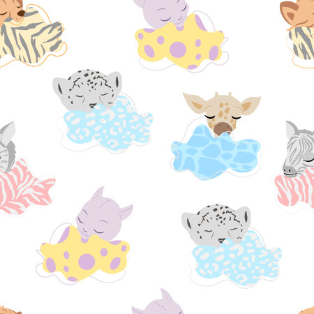 Seamless pattern Sleeping baby animals, sleep on clouds, animals print, leopard printのイラスト素材