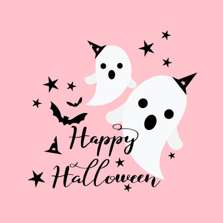 pink halloween poster with ghosts, happy Halloween letteringのイラスト素材