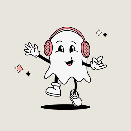 Positive ghost dancing in headphones, groovy halloween ghost mascot in vintage styleのイラスト素材