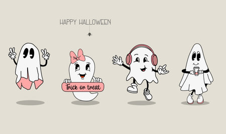 Set of groovy ghosts in retro style, cute halloween ghost characters backgroundのイラスト素材