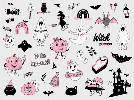 Pink Halloween Set, Groovy Halloween bundle, White sheet ghost mascot, Pink pumpkin in retro styleのイラスト素材