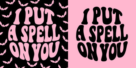 I put spell on you Groovy lettering in shape. Halloween slogan. Lettering poster quote. Vintage sign. Set of bats.のイラスト素材