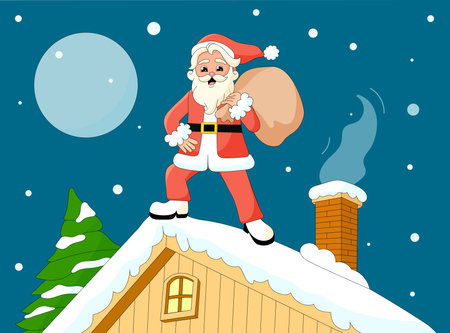 Hippie Santa Claus on the roof. Christmas night. Retro hipster grandfather. Vintage Merry Christmas. Holiday season greeting card.のイラスト素材