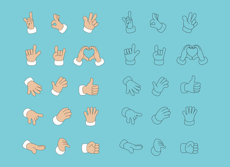 Cartoon hands depicting various gestures in color and black outline. Playful and expressive hand gestures isolated. Colorful groovy hands showcasing a range of gestures for expressing emotions.のイラスト素材