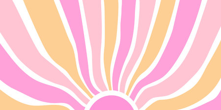 Abstract sunburst background with soft pastel pink, yellow, and orange wavy lines, reminiscent of retro 70s design, modern minimalism. Vector illustrationのイラスト素材