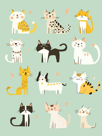 Collection of cute cartoon cats in a flat and minimalist style on a pastel green background. Vector illustrationのイラスト素材