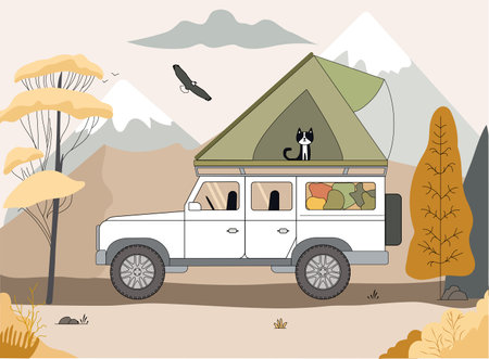 Cartoon off-road overland vehicle with rooftop tent and a black cat, set against mountain landscape with trees and an eagle flying in the sky. Vector illustrationのイラスト素材