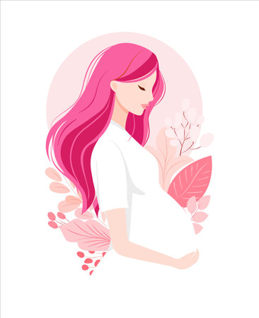 Pregnant woman with long vibrant pink hair in white dress surrounded by soft pink leaves and flowers in minimal pastel illustration. Vector illustrationのイラスト素材