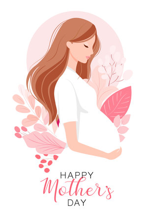 Pregnant woman with long hair in white dress holding her belly, surrounded by pink leaves with text Happy Mothers Day. Vector illustrationのイラスト素材