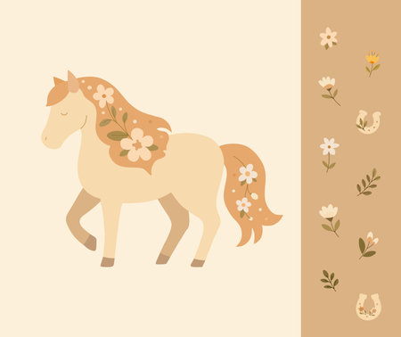 Cute floral beige horse illustration with flowers and leaves in mane and tail on warm pastel background. Vector illustrationのイラスト素材