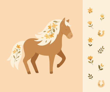 Charming boho illustration set featuring a gentle horse with a floral mane. This whimsical vector collection includes matching flowers and lucky horseshoes for sweet, rustic nursery decor. Vector illustrationのイラスト素材
