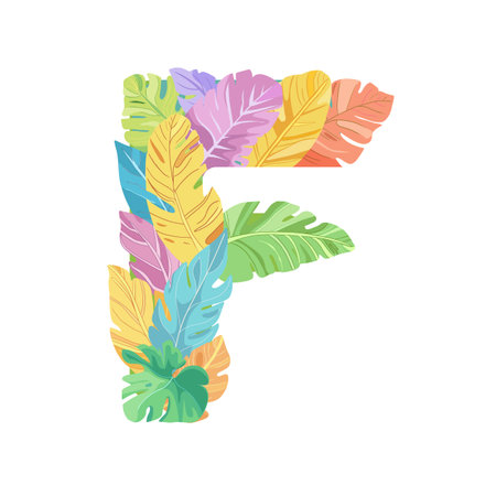 A vibrant capital letter F created from a colorful collage of exotic tropical leaves, a fresh, botanical alphabet initial perfect for summer designs. Vector illustrationのイラスト素材
