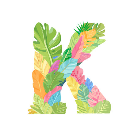 A vibrant capital letter K created from a colorful collage of exotic tropical leaves, a fresh, botanical alphabet initial perfect for summer designs. Vector illustrationのイラスト素材