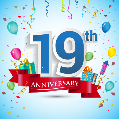 10th Year Anniversary Celebration Design, with gift box and balloons, Blue ribbon, Colorful Vector template elements for your ten birthday celebrating party.のイラスト素材