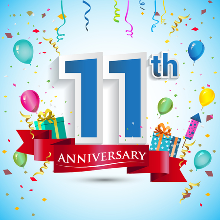11th Year Anniversary Celebration Design, with gift box and balloons, Blue ribbon, Colorful Vector template elements for your eleven birthday celebrating party.のイラスト素材