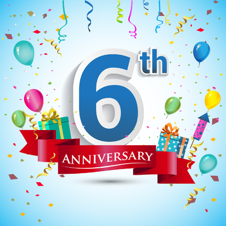 6th Year Anniversary Celebration Design, with gift box and balloons, Blue ribbon, Colorful Vector template elements for your six birthday celebrating party.のイラスト素材