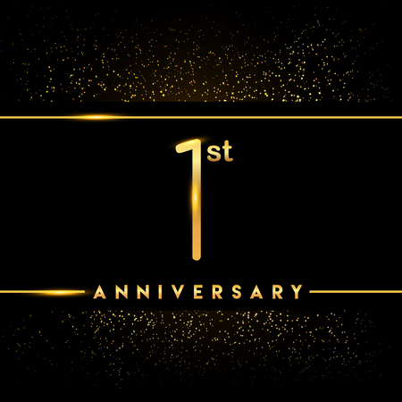 1st anniversary logo with confetti golden colored isolated on black background, vector design for greeting card and invitation cardのイラスト素材