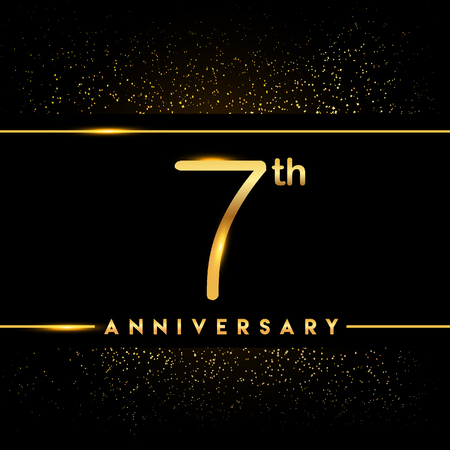 7th anniversary logo with confetti golden colored isolated on black background, vector design for greeting card and invitation cardのイラスト素材