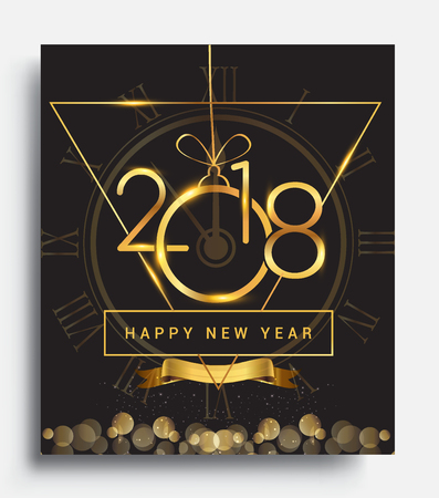 Happy New Year 2018 with glitter isolated on black background, text design gold colored, vector elements for calendar and greeting card.のイラスト素材