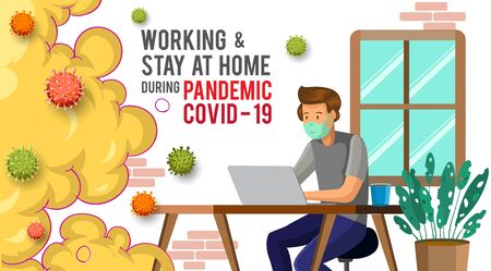 a man working from home preventing from corona virus, pandemic corona, work from home. Vector...
