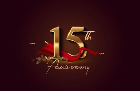 15th anniversary logo with red ribbon and golden confetti isolated on elegant background, sparkle, vector design for greeting card and invitation cardのイラスト素材