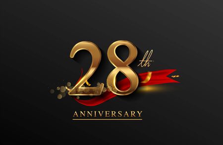 28th anniversary logo with red ribbon and golden confetti isolated on elegant background, sparkle,...