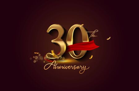 30th anniversary logo with red ribbon and golden confetti isolated on elegant background, sparkle, vector design for greeting card and invitation cardのイラスト素材